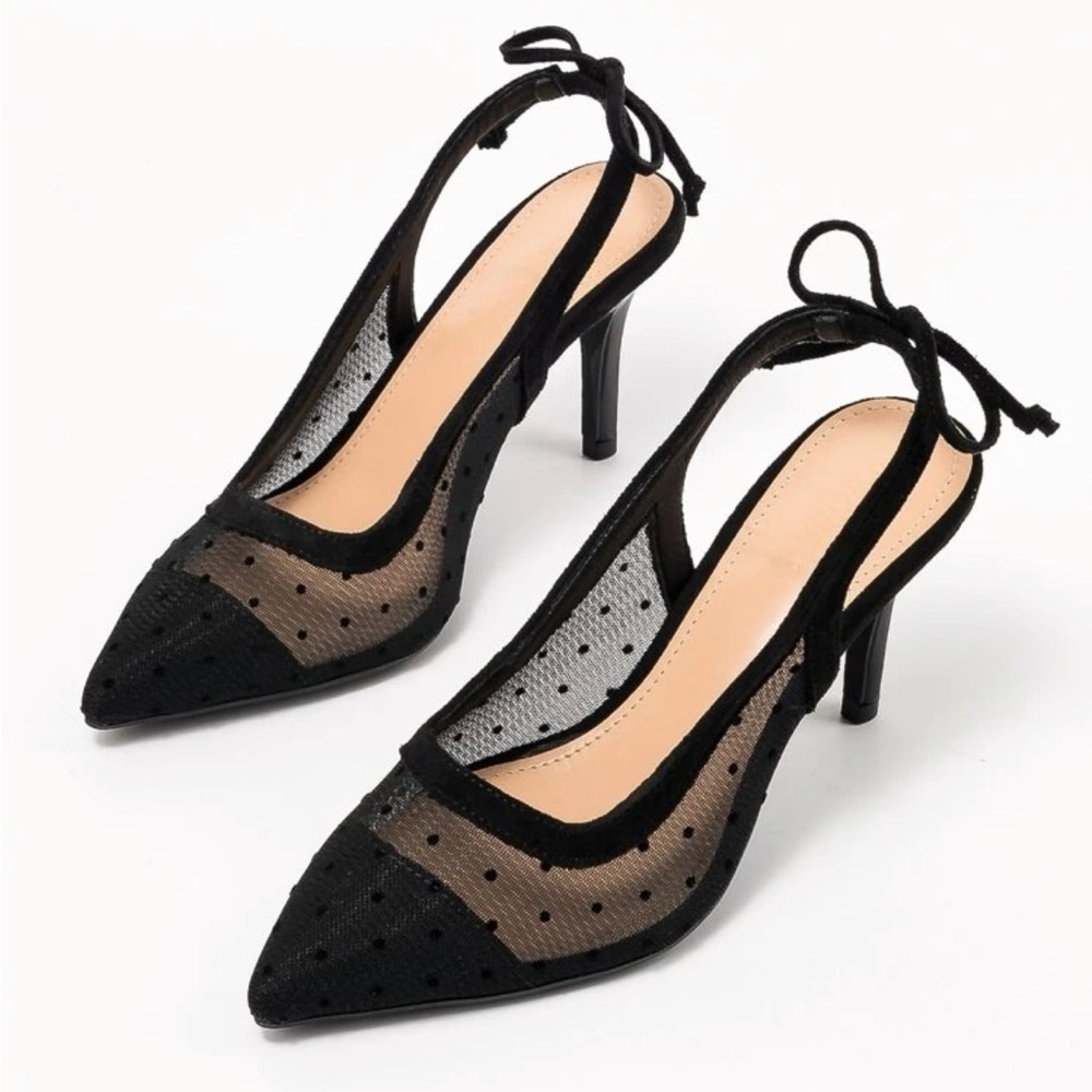 Polkadot mesh black bow detail heels - Picture 2 of 6